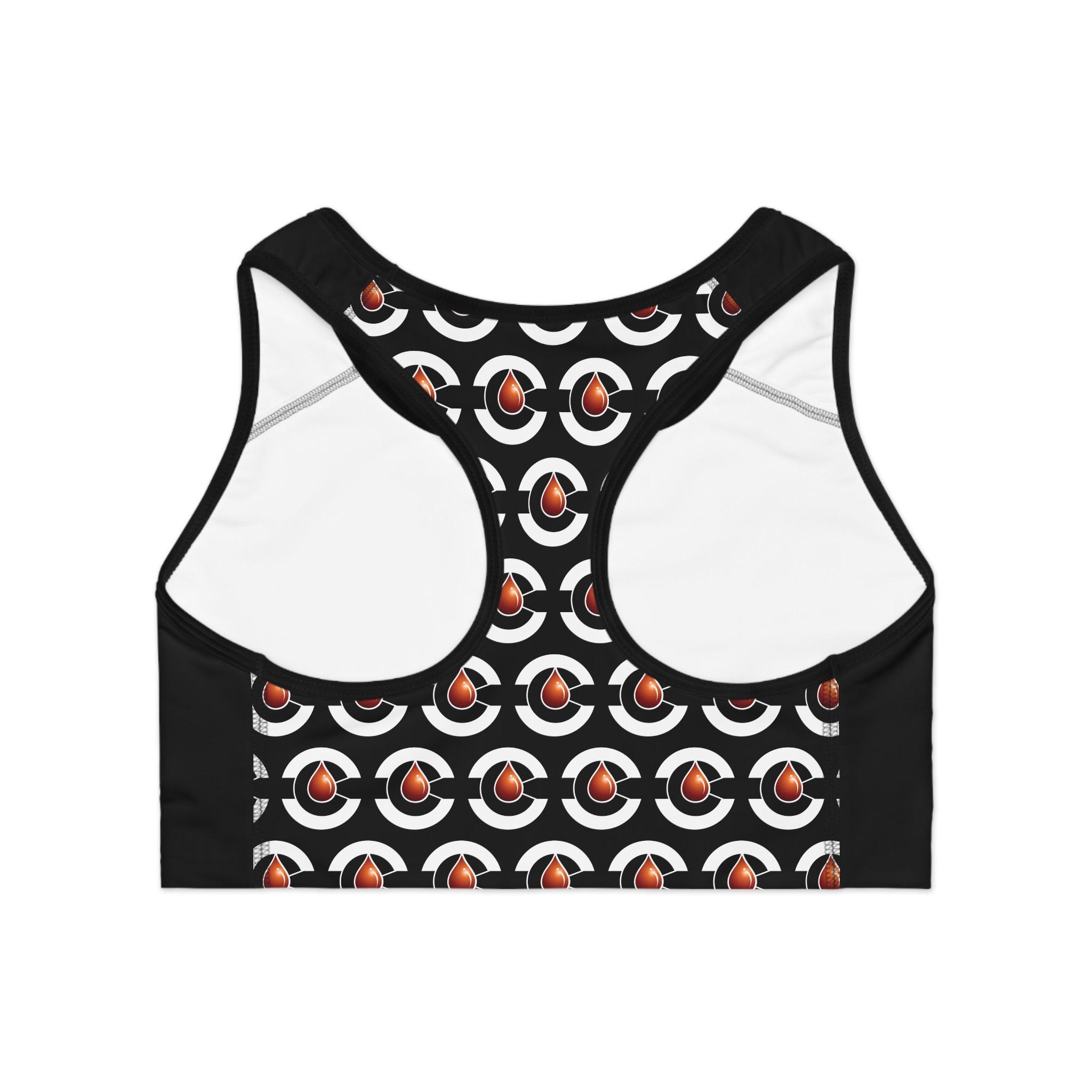 BLACK Retro Badge Logo sports bra | all-over print racerback activewear - Image 2