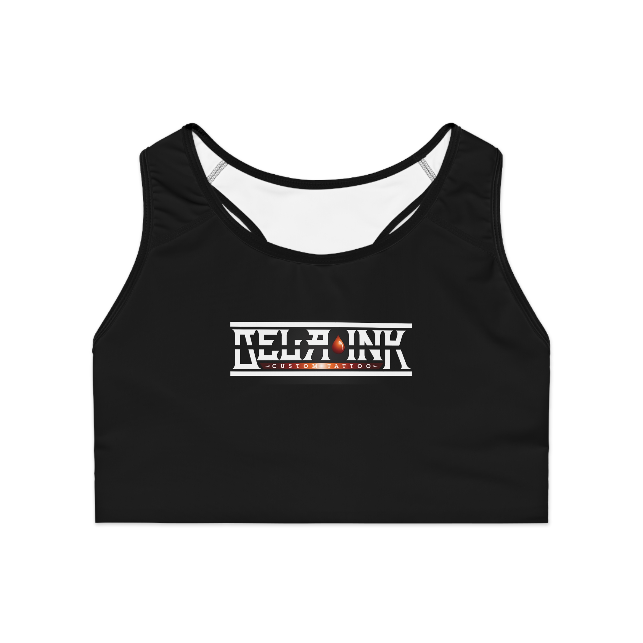 BLACK Retro Badge Logo sports bra | all-over print racerback activewear