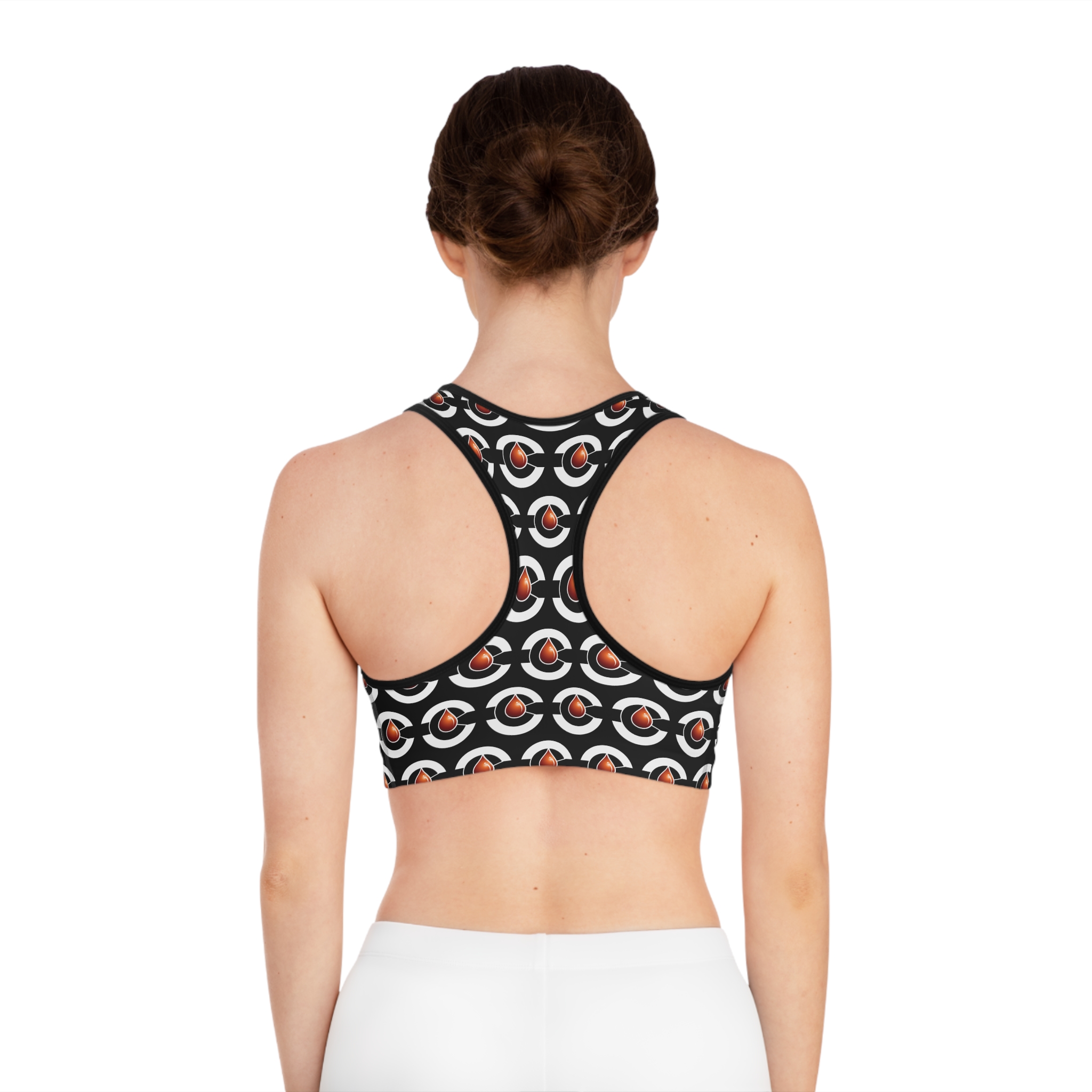 BLACK Retro Badge Logo sports bra | all-over print racerback activewear - Image 4