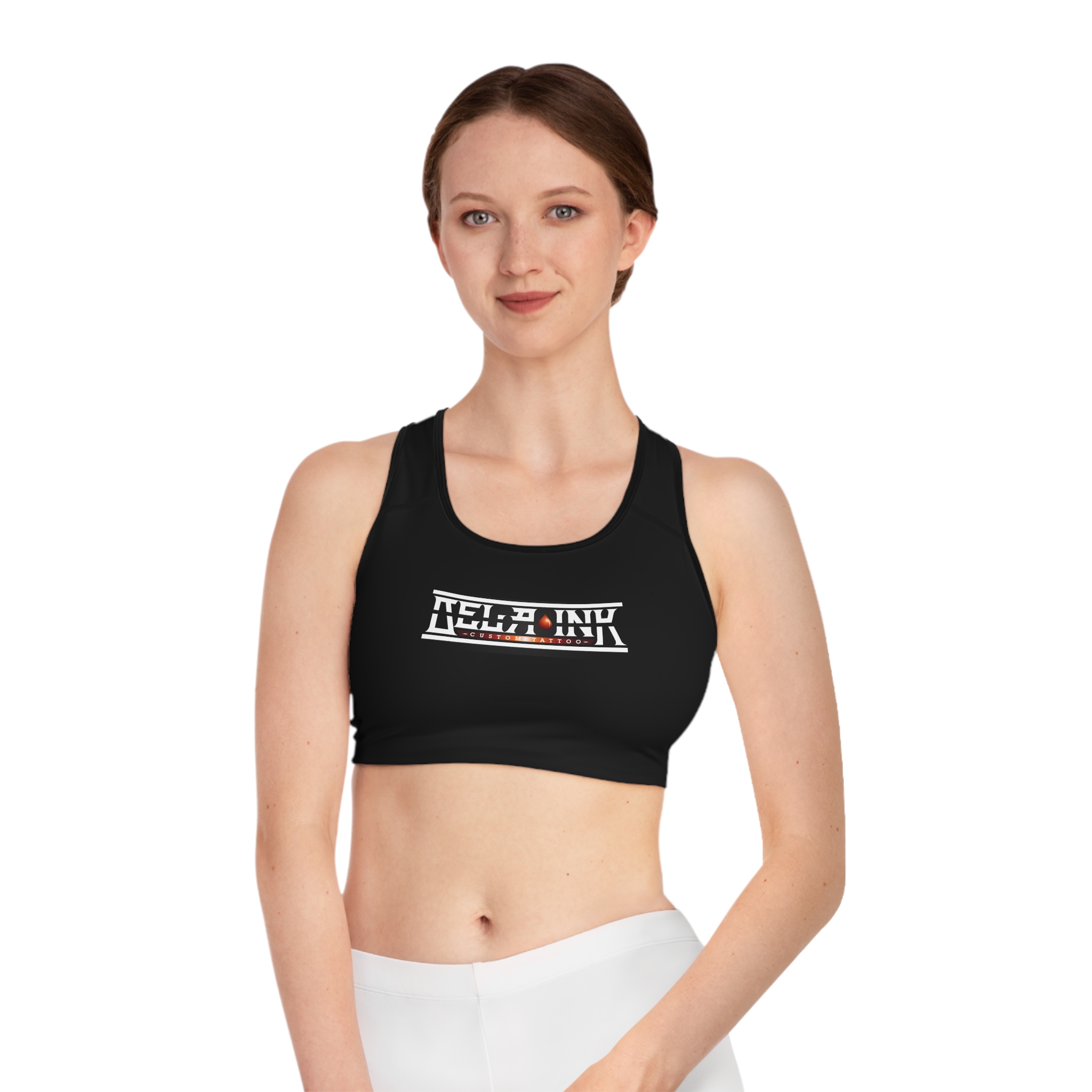BLACK Retro Badge Logo sports bra | all-over print racerback activewear - Image 3