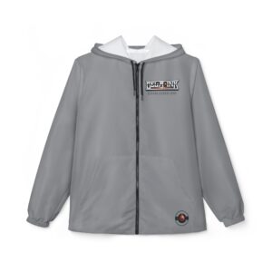 Grey Black Retro Helm Logo Windbreaker, Custom Jacket, Branded Zip-Up Hooded Windbreaker