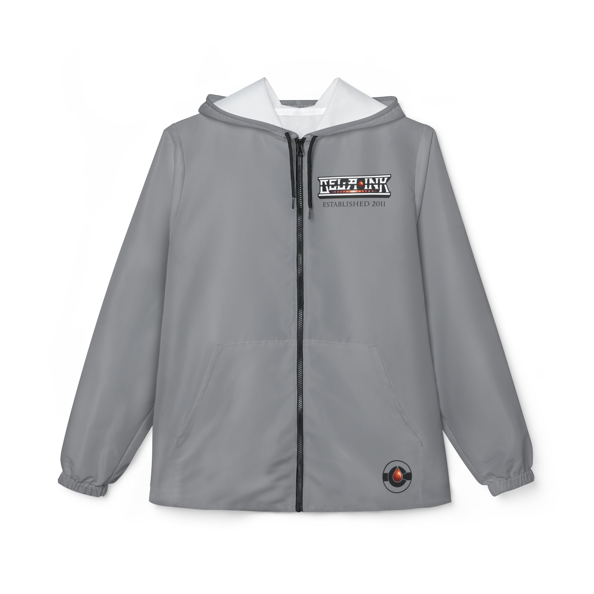 Grey Black Retro Helm Logo Windbreaker, Custom Jacket, Branded Zip-Up Hooded Windbreaker