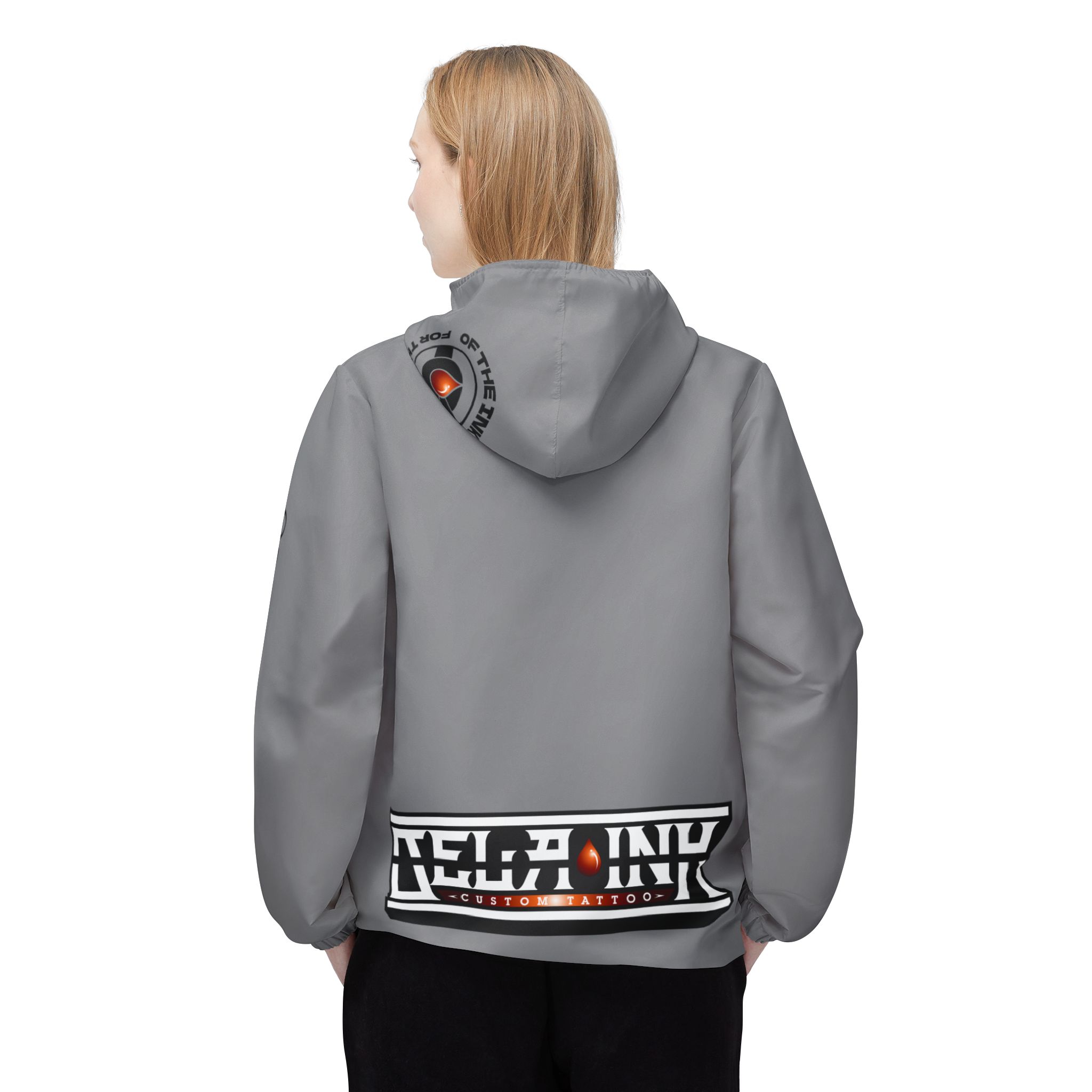 Grey Black Retro Helm Logo Windbreaker, Custom Jacket, Branded Zip-Up Hooded Windbreaker - Image 4