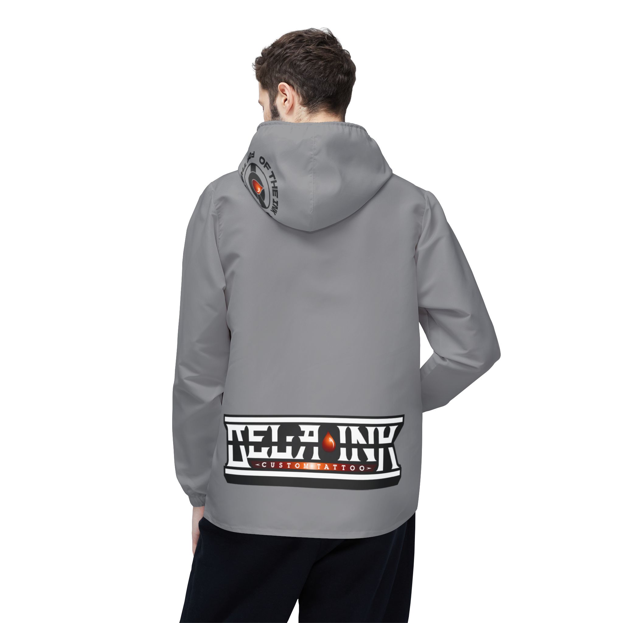Grey Black Retro Helm Logo Windbreaker, Custom Jacket, Branded Zip-Up Hooded Windbreaker - Image 8