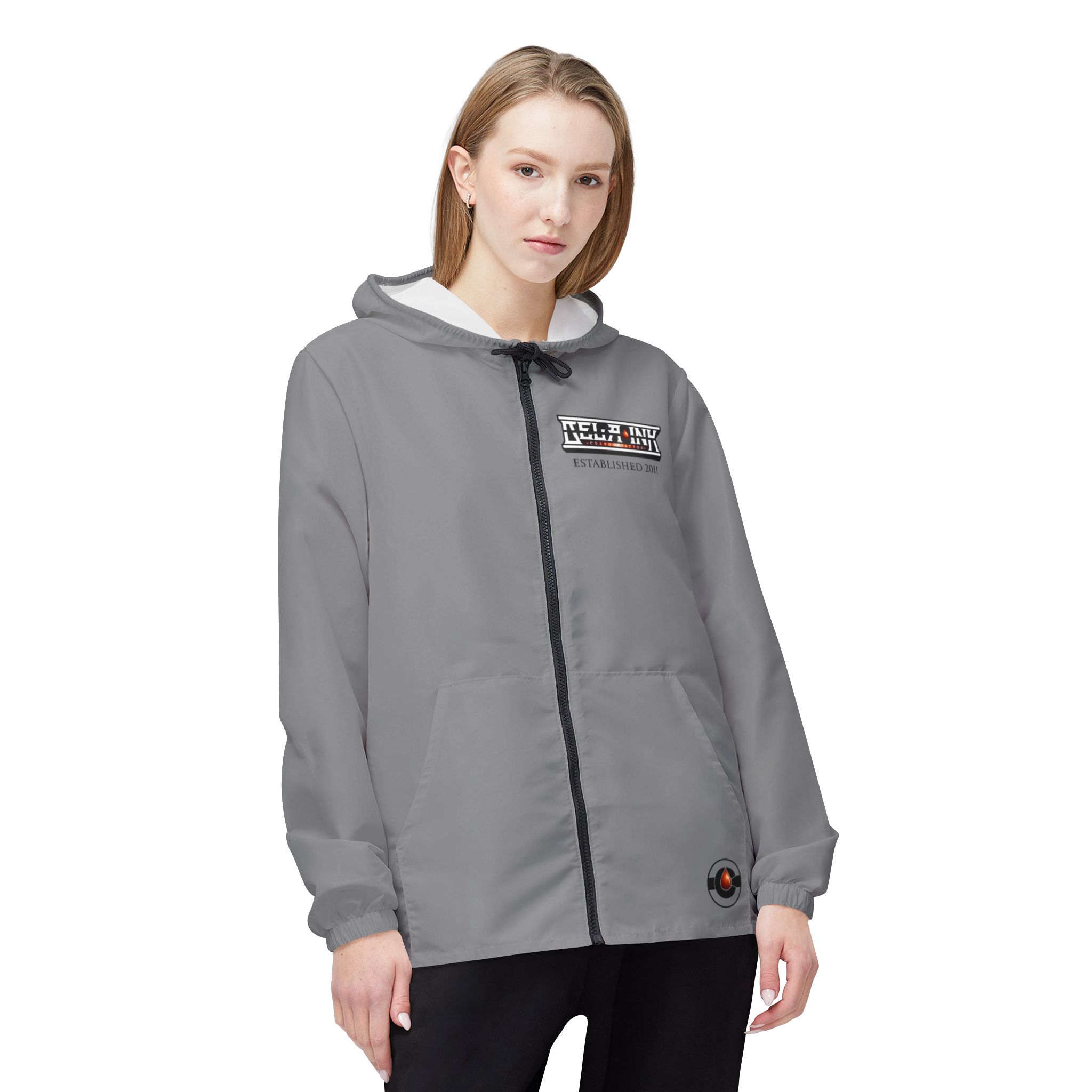 Grey Black Retro Helm Logo Windbreaker, Custom Jacket, Branded Zip-Up Hooded Windbreaker - Image 3