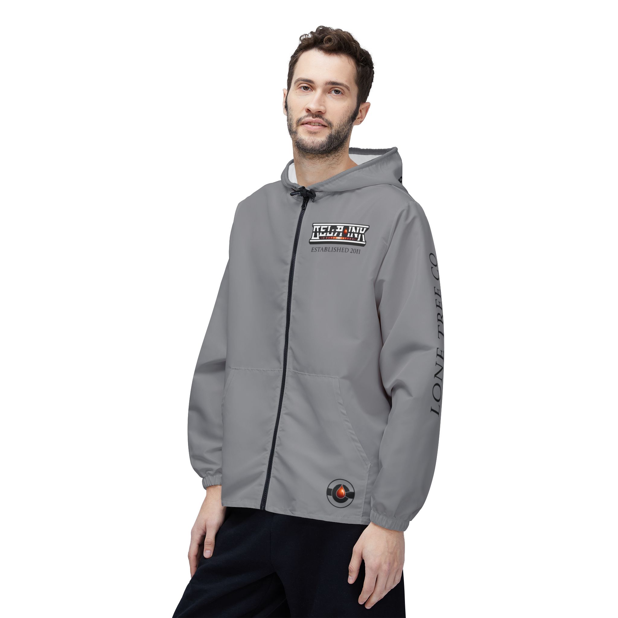 Grey Black Retro Helm Logo Windbreaker, Custom Jacket, Branded Zip-Up Hooded Windbreaker - Image 7