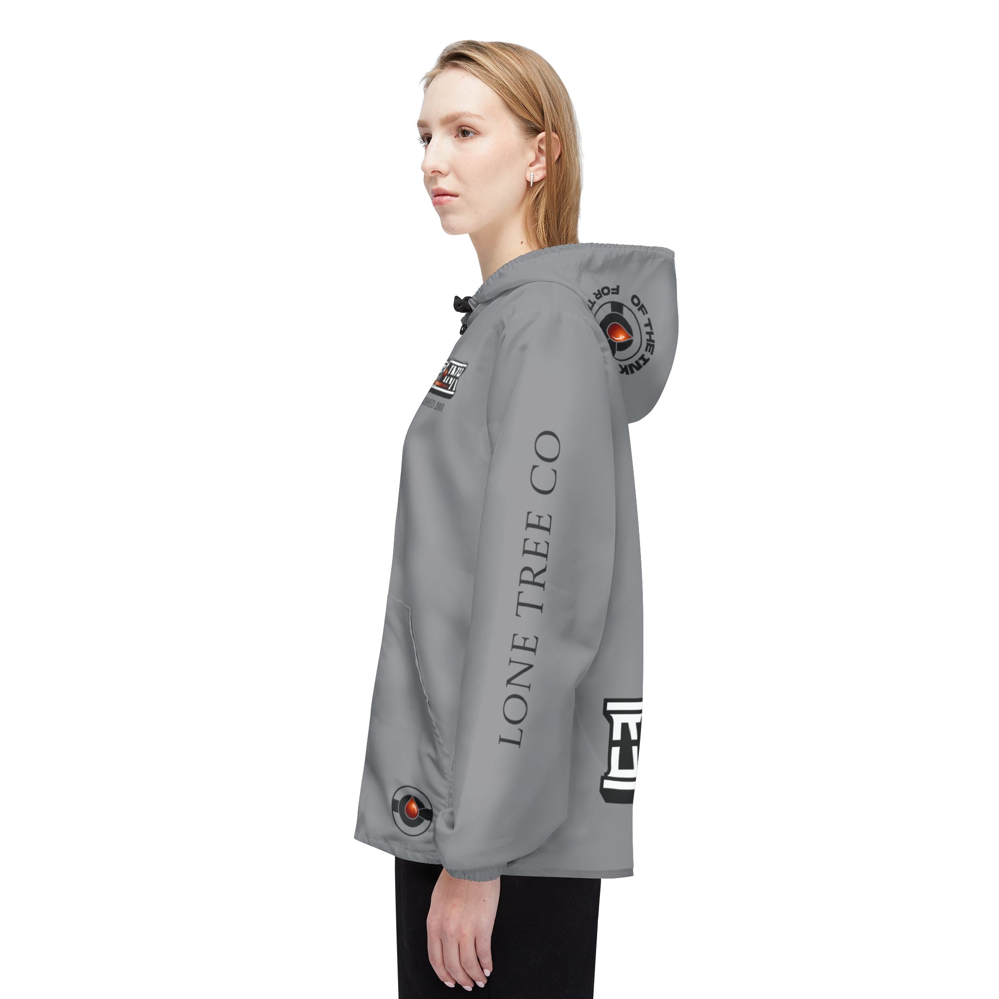 Grey Black Retro Helm Logo Windbreaker, Custom Jacket, Branded Zip-Up Hooded Windbreaker - Image 5