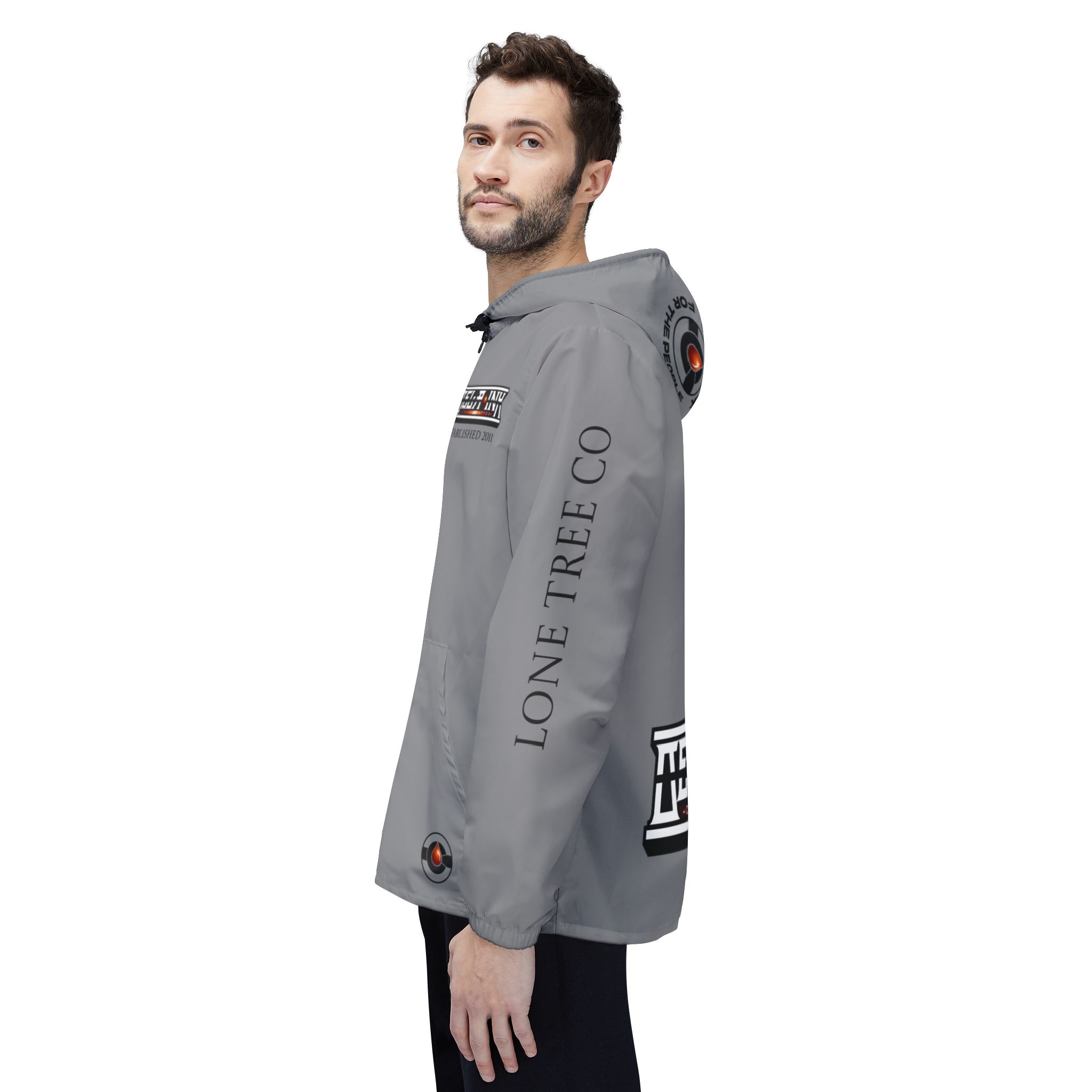 Grey Black Retro Helm Logo Windbreaker, Custom Jacket, Branded Zip-Up Hooded Windbreaker - Image 9