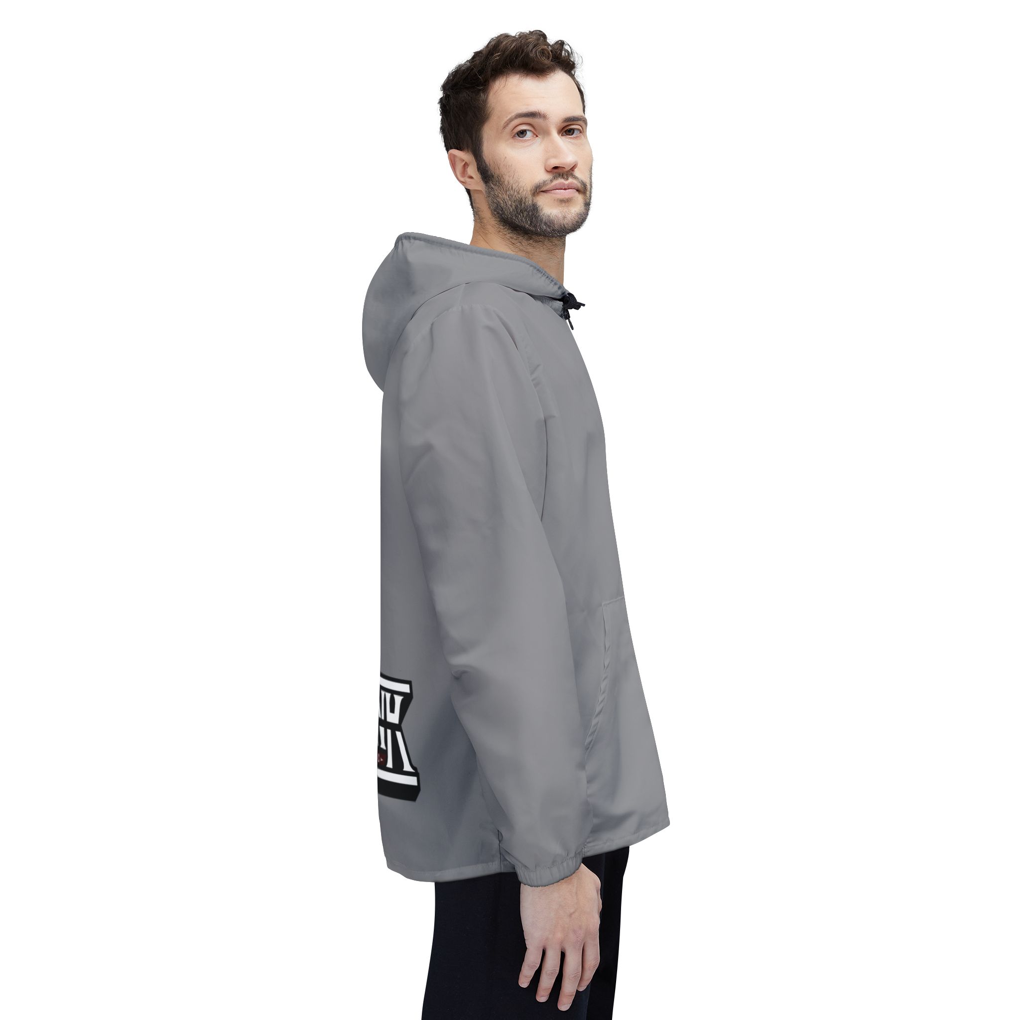 Grey Black Retro Helm Logo Windbreaker, Custom Jacket, Branded Zip-Up Hooded Windbreaker - Image 10