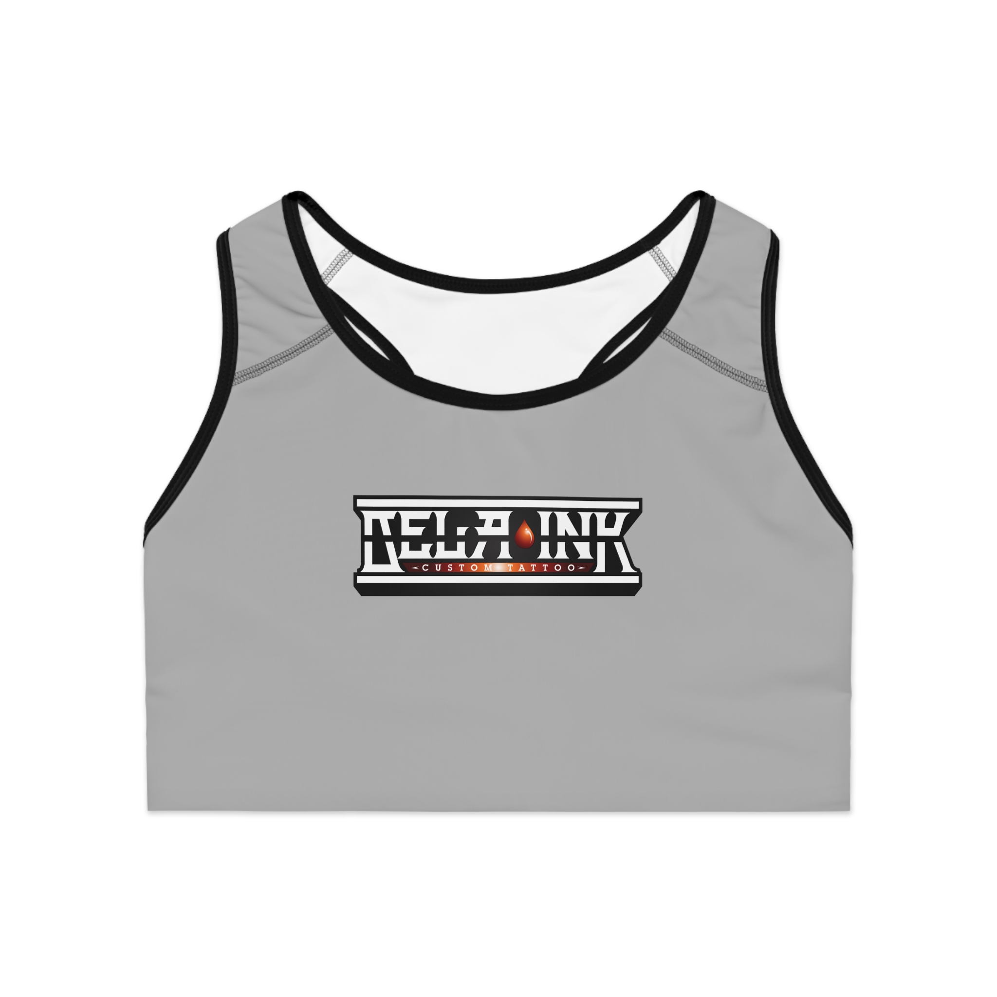 Grey Retro Badge Logo sports bra | all-over print racerback activewear
