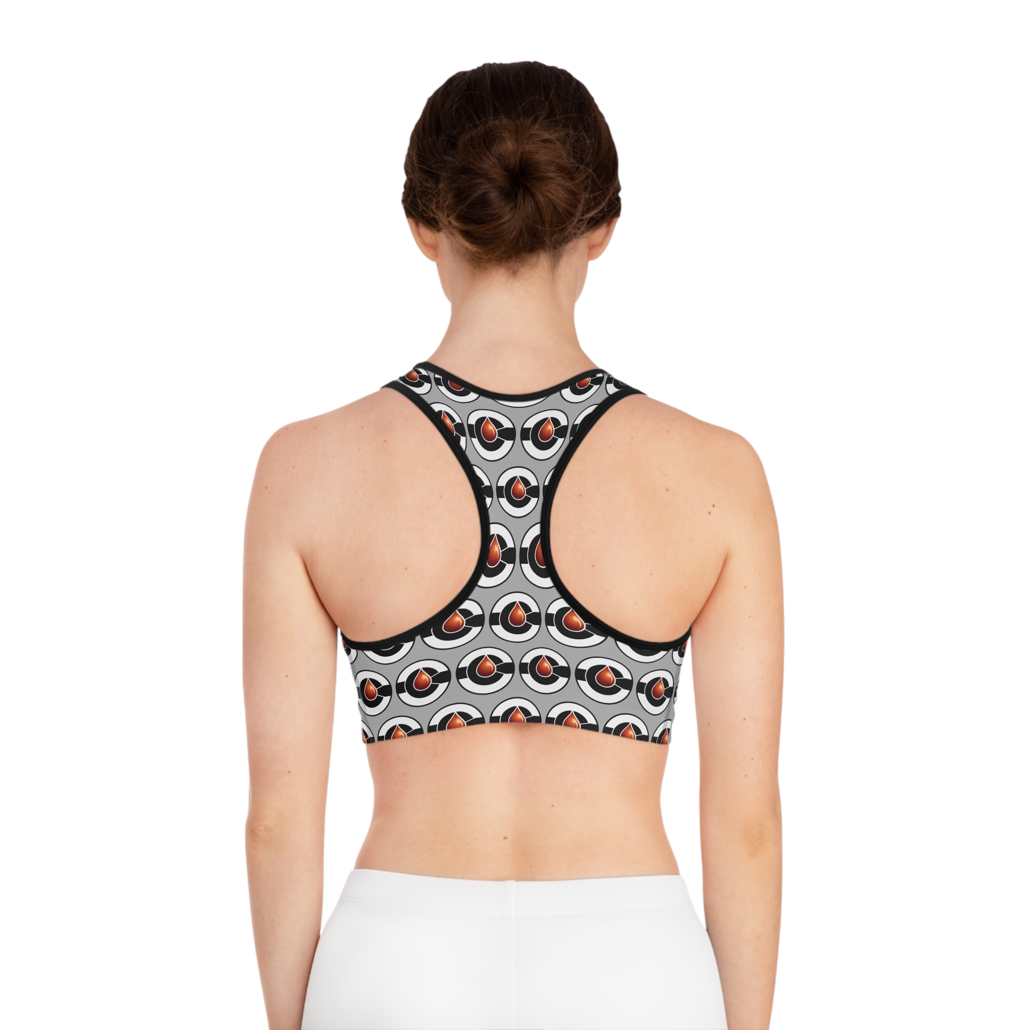Grey Retro Badge Logo sports bra | all-over print racerback activewear - Image 4