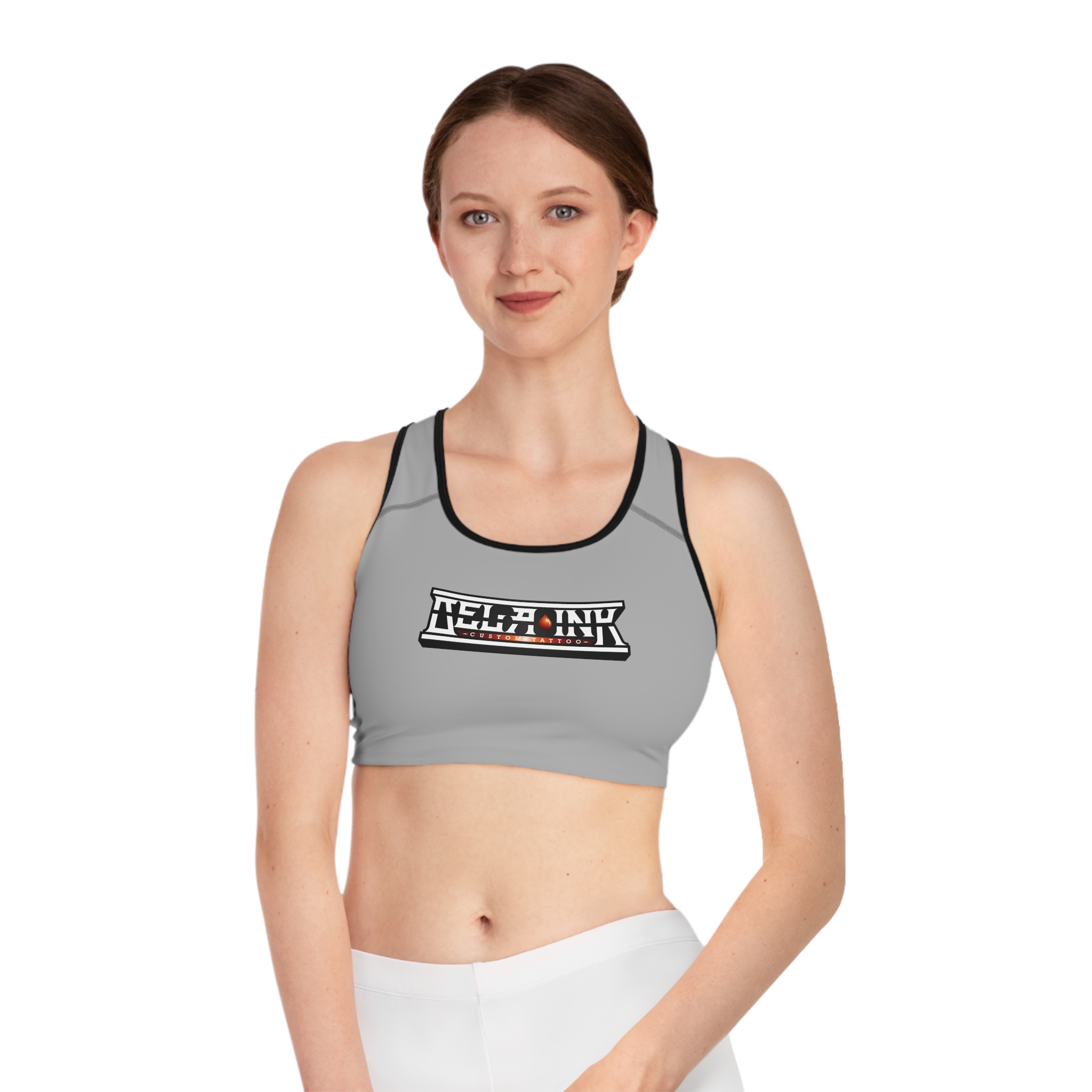 Grey Retro Badge Logo sports bra | all-over print racerback activewear - Image 3