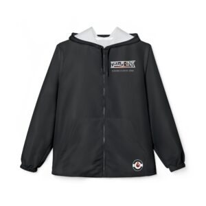 Black Retro Helm Logo Windbreaker, Custom Jacket, Branded Zip-Up Hooded Windbreaker