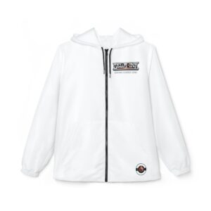 White Retro Helm Logo Windbreaker, Custom Jacket, Branded Zip-Up Hooded Windbreaker