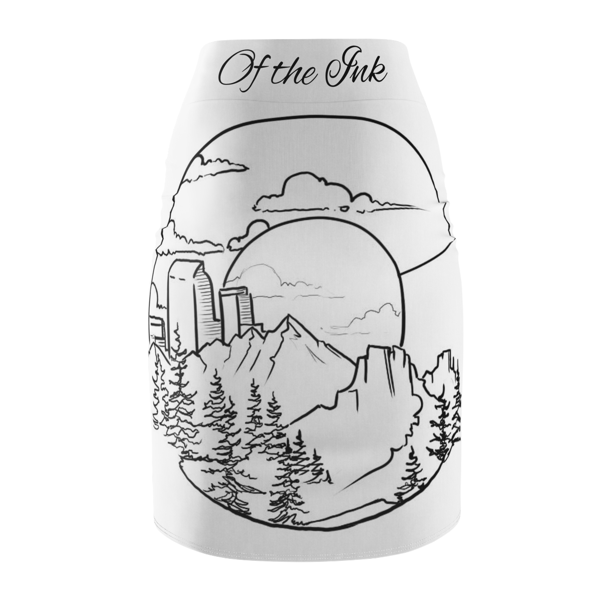 Mountain Landscape Pencil Skirt — Black Line Art Nature Print - Image 2